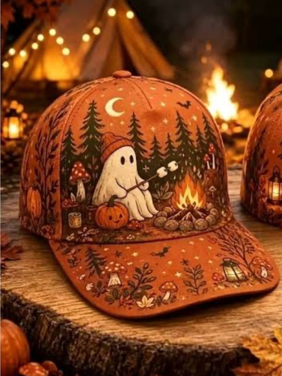 Vintage Ghost Hat Cap Halloween Theme Accessories - #3153*Unisex’s Halloween Campfire Ghost Baseball Cap - Orange